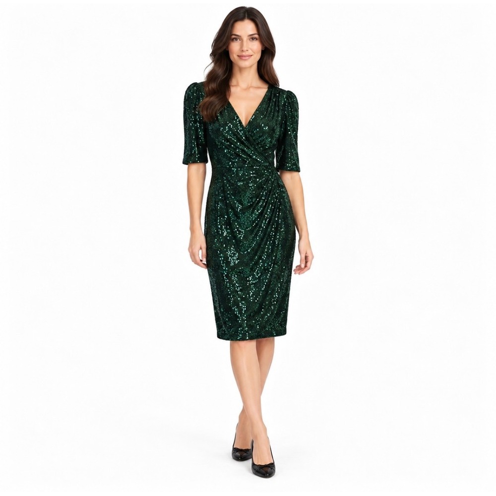 Calvin Klein Hunter Green Sequin Faux Wrap Cocktail Sheath Dress Size 8
